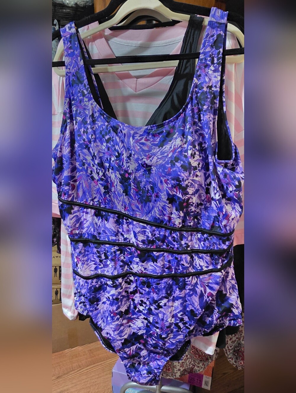 SWIMS Floral Scoop Neck One Piece Bathing Suit in Purple With Black Trim